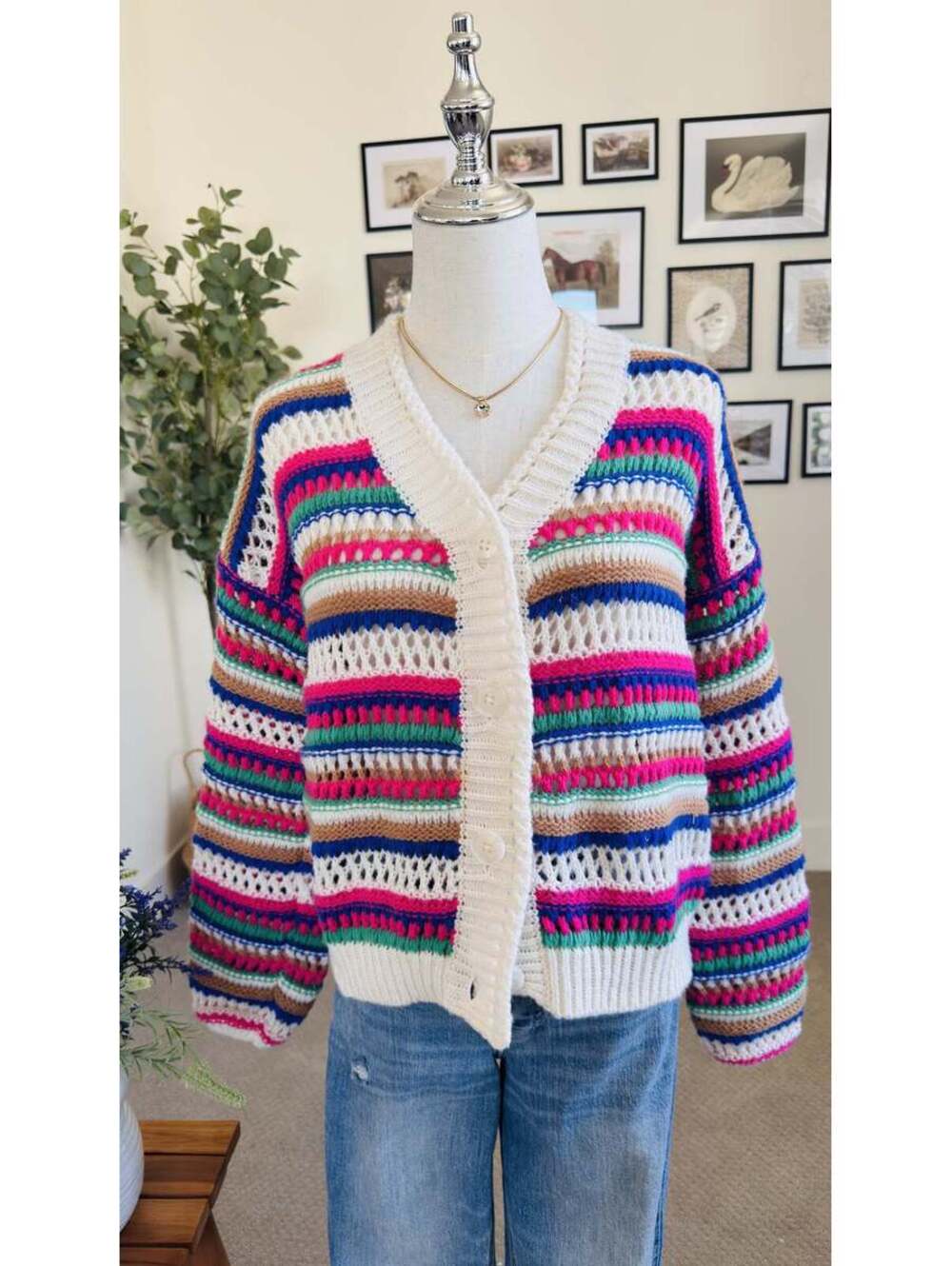 Vigoss Multicolor Open Knit Striped Cardigan Sweater Size S